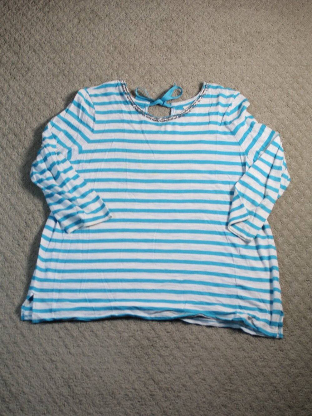 Chico's Sz 3 / 16 Round Beaded Neck Ties on Back 3/4 Sleeve Blue Striped Blouse